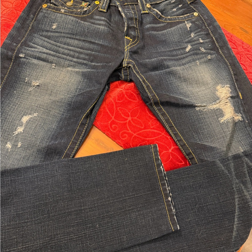 True Religion Dark Blue Distressed Straight Jeans